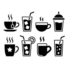 Obraz premium Set of eight black and white vector icons depicting various hot and cold beverages including coffee cups and glasses with ice and straws suitable for web and print.