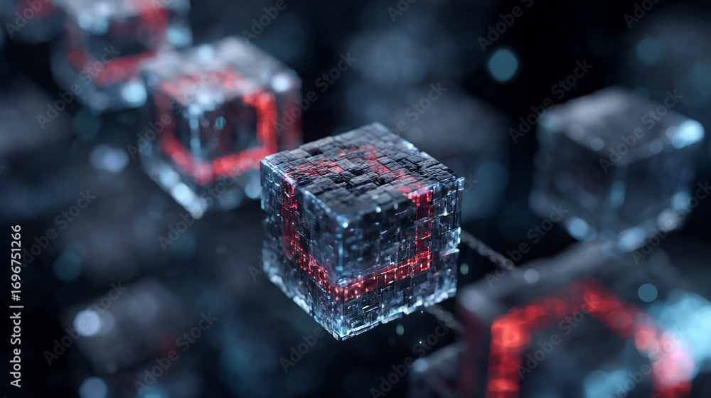 Aufkleber a close up view of interconnected transparent cubes with red glowing lines inside them on a dark sur