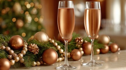 Elegant festive setting featuring sparkling drinks beside holiday decorations illuminated by soft lights