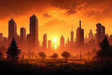Obraz premium Futuristic cityscape silhouettes at sunset with vibrant orange sky and dramatic lighting
