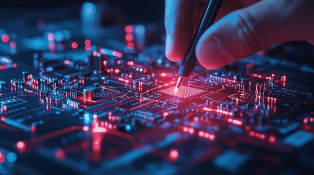 Circuit board repair with red and blue lights
