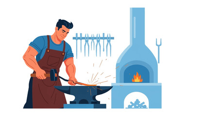 The Blacksmith's Craft: A blacksmith in the midst of his craft, focused and skilled, strikes metal on the anvil amidst sparks and fire, embodying the dedication and tradition of this age-old art.