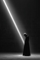Monk-like Figure in Black Robe with Head Bowed, Illuminated by Divine Light Beam, Evoking Solitude, Reflection, and Spiritual Contemplation in a Stark, Minimalist Setting