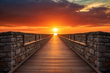 Wooden boardwalk leading to vibrant sunset over the ocean horizon path of light