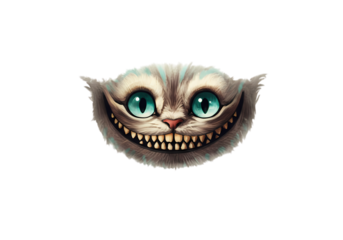Cheshire Cat Grin Digital Painting of a Feline Face with Wide Eyes and Grinning Teeth isolated on transparent background