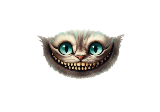 Cheshire Cat Grin Digital Painting of a Feline Face with Wide Eyes and Grinning Teeth isolated on transparent background