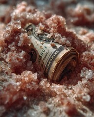 Crumpled US Dollar Bill Embedded in Pink Himalayan Salt Crystals – Concept of Financial Value, Precious Resources, and Mineral Wealth
