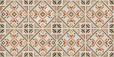 Geometric tribal pattern with earthy tones and diamond shapes in a seamless repeating design