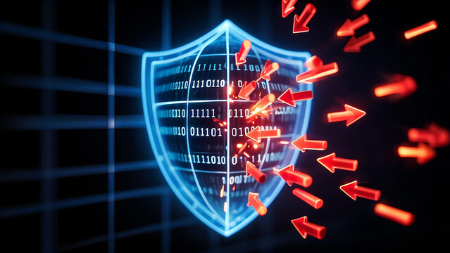 Digital security shield glowing in blue light - Powered by Adobe