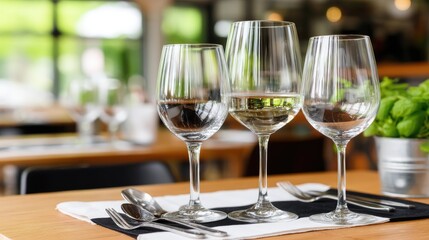 Obraz premium Elegant table setting with wine glasses and cutlery in a cozy restaurant during daytime dining experience