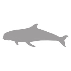 A simple grey silhouette of a dolphin swimming against a black background silhouette