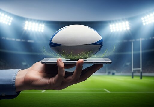 Hand holding smartphone with floating rugby ball and glowing effects in stadium, digital sports concept showing augmented reality and fan engagement - Powered by Adobe
