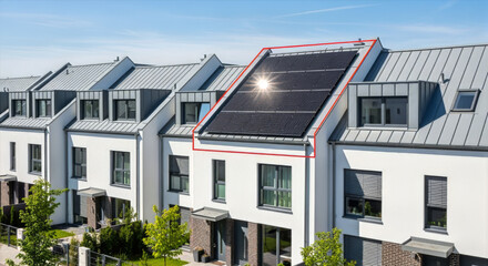 Row of modern townhouses with solar panels on the roof reflecting sunlight on a sunny day in residential area
