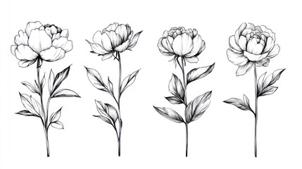 Obraz premium Four peony flowers ink drawing on white background