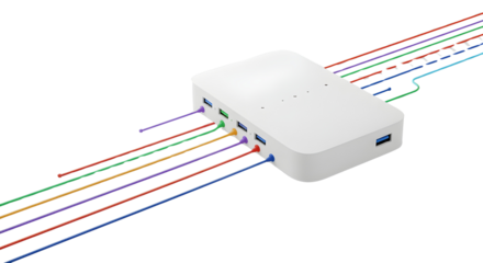 USB hub with multiple colorful cable connections isolated PNG with Transparent Background