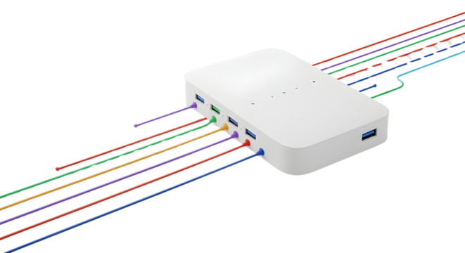 USB hub with multiple colorful cable connections isolated PNG with Transparent Background