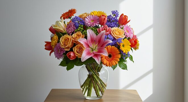 Fiori variopinti brillano luce solare vaso vetro tavolo legno. AI Generated