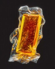 Abstract Golden Bar with Effervescent Bubbles Encased in Rippling Transparent Plastic, Symbolizing Liquid Gold, Precious Investments, or Potent Elixirs on a Dark, Reflective Background