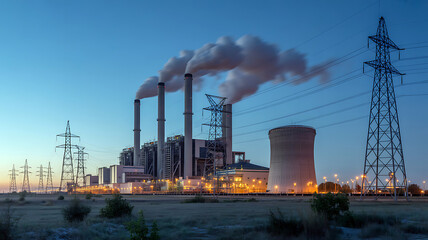 A coal power plant with smoke stacks at dusk with a blue sky