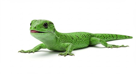 Obraz premium Lucertola verde brillante posa su sfondo bianco luce naturale. AI Generated
