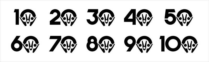 Set of collection numbers 1 to 10 with people element vector illustration. Teamwork element with numbers 10, 20, 30, 40, 50, 60, 70, 80, 90, 100 for greetings, anniversary and more.	