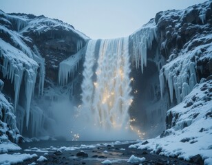 Magical winter waterfall with golden light cascading down ice covered cliffs creates a stunning landscape