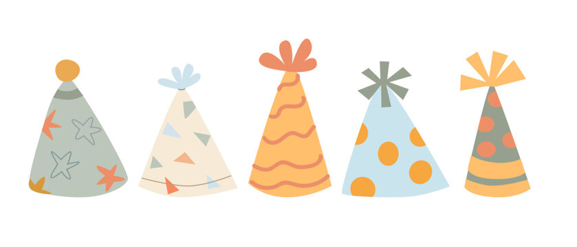 Colorful party hats in various designs and patterns for celebration.