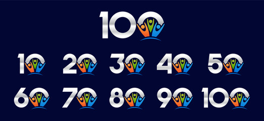 Set of collection numbers 1 to 10 with people element vector illustration. Teamwork element with numbers 10, 20, 30, 40, 50, 60, 70, 80, 90, 100 for greetings, anniversary and more.	