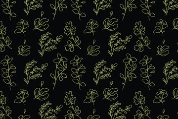 Vector art of an elegant pattern of delicate golden botanical line drawings of various plants and leaves set against a deep