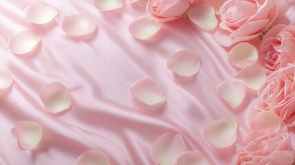 Fototapeta premium Elegant pink roses on soft fabric with petals. AI generated