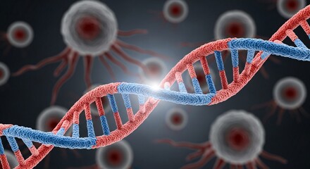 DNA strand interacting with cells, genetic research, microscopic view, biomedical science.
