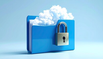 Blue folder with cloud and padlock on light blue background.
