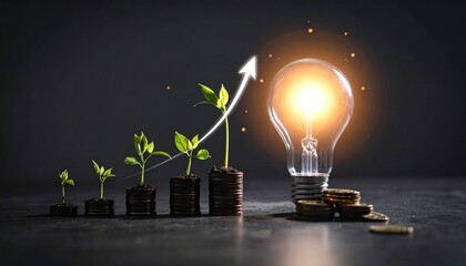 Ascending coin stacks with glowing bulb and upward arrow.
