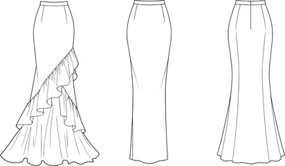 Fashion technical sketch of three long skirts, ruffle skirt, mermaid skirt, fishtail skirt, line art, vector template, illustration