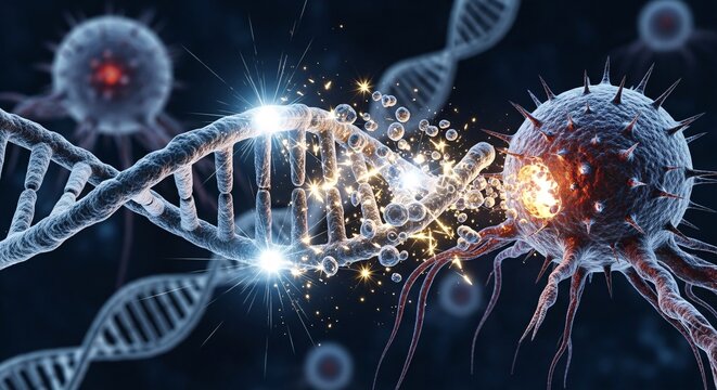 A glowing DNA double helix strand is being damaged by a pathogenic virus or malignant cancer cell.