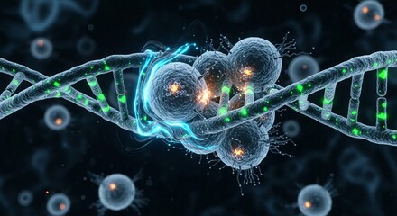 Digital illustration of DNA strand with glowing cells, representing scientific concepts.