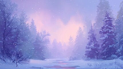 Snow falling on frozen river in purple winter forest at sunset