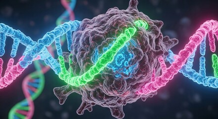 A 3D rendered illustration of a virus cell with colorful DNA strands intertwined, highlighting scientific concepts.