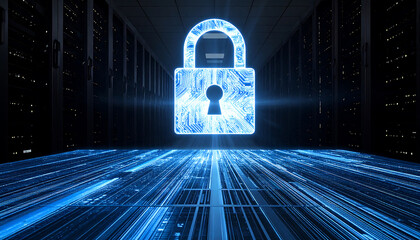 A glowing blue digital padlock hovers above a server room floor with light trails, symbolizing cybersecurity and data protection in a technological environment.