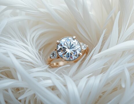Stunning diamond engagement ring sparkling on soft white feathers, perfect for luxury brands