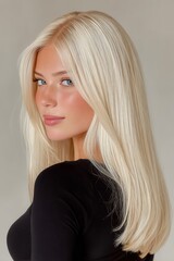 Pristine Blonde Hair and Striking Blue Eyes of a Beautiful Woman Looking Directly at Camera, Showcasing Youthful Radiance and Flawless Complexion