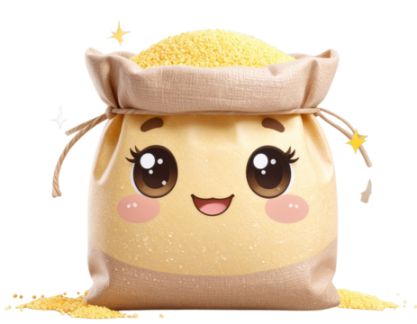 Cute Cornmeal Bag Illustration with Smiling Face, Transparent Background PNG