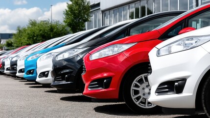 Fototapeta premium Various compact cars lined up for sale at a dealership under clear skies on a sunny day, showcasing vibrant colors and distinct designs for potential buyers