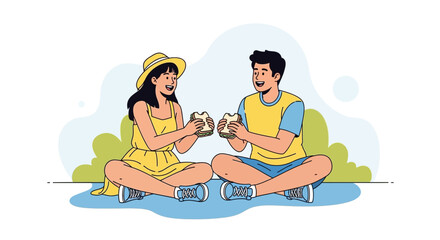 Colorful Illustration of Couple Enjoying a Relaxing Picnic and Sharing Sandwiches Together