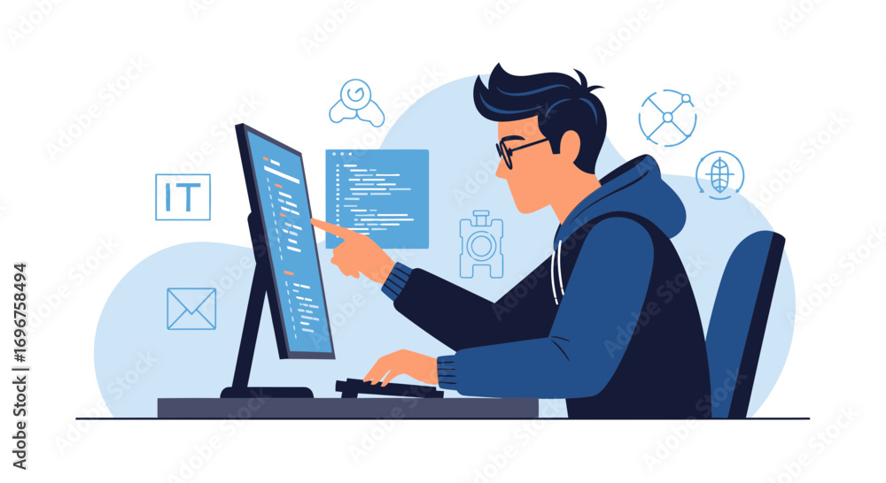 Wall mural developer working on code, modern illustration style, coding software application development