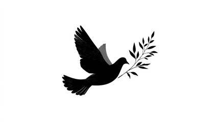 A bold, black silhouette of a dove soars against a stark white background. The bird clutches a single olive branch in its beak, powerfully symbolizing peace and hope