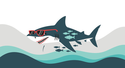 Obraz premium Cool Shark With Shades And Fish Swimming In The Ocean Waters, Tropical Illustration