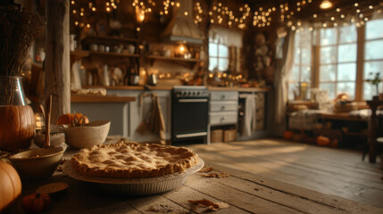 Fototapeta premium Cozy rustic kitchen with freshly baked pumpkin pie on wooden table, warm autumn light, pumpkins and string lights creating a welcoming atmosphere