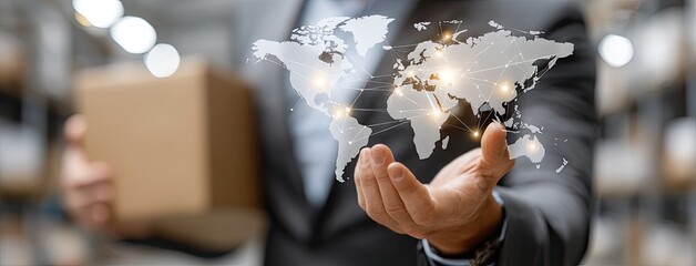 Business professional holding a package while showcasing a digital world map with connection lines in a warehouse setting during the daytime