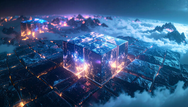 Futuristic glowing cube structure at the heart of a vast, illuminated grid city amidst misty mountains and clouds, depicting advanced technology and a digital landscape.